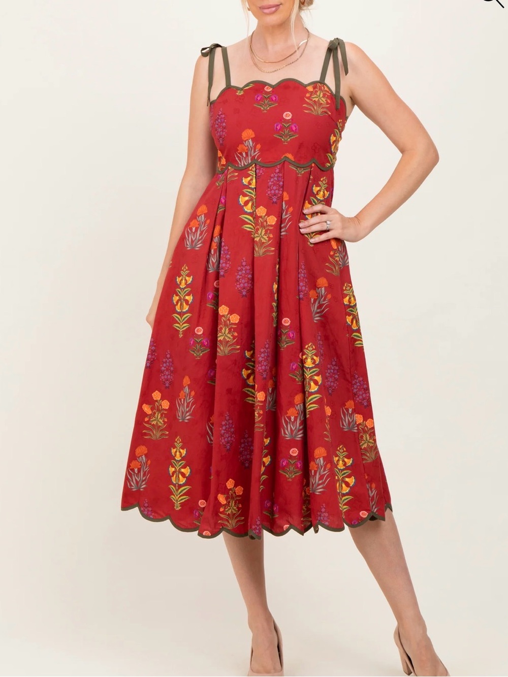 Entro Rust Floral Scallop Edge Shoulder Tie Midi Dress